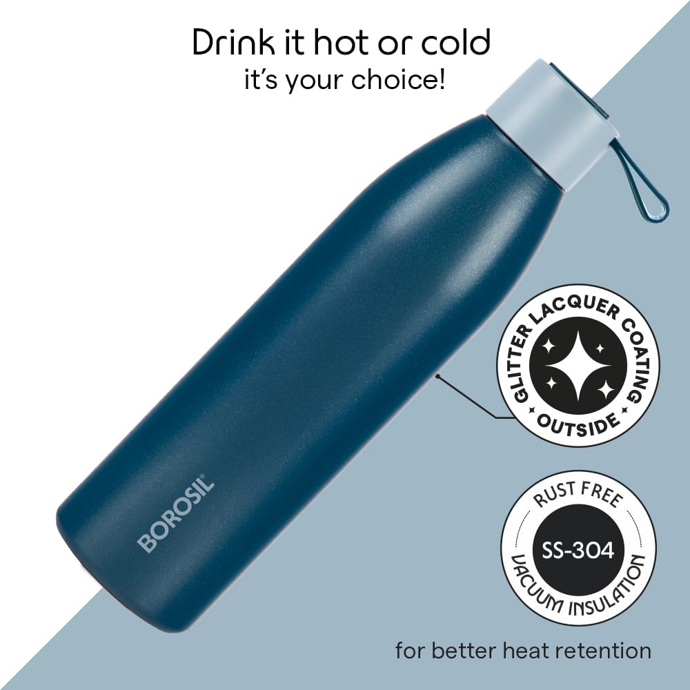 Borosil Hydra 750ml Duomate Blue Stainless Steel Bottle | 24 Hours Hot and Cold Double Wall Vacuum Insulated with Copper Coating | 1 Year Warranty