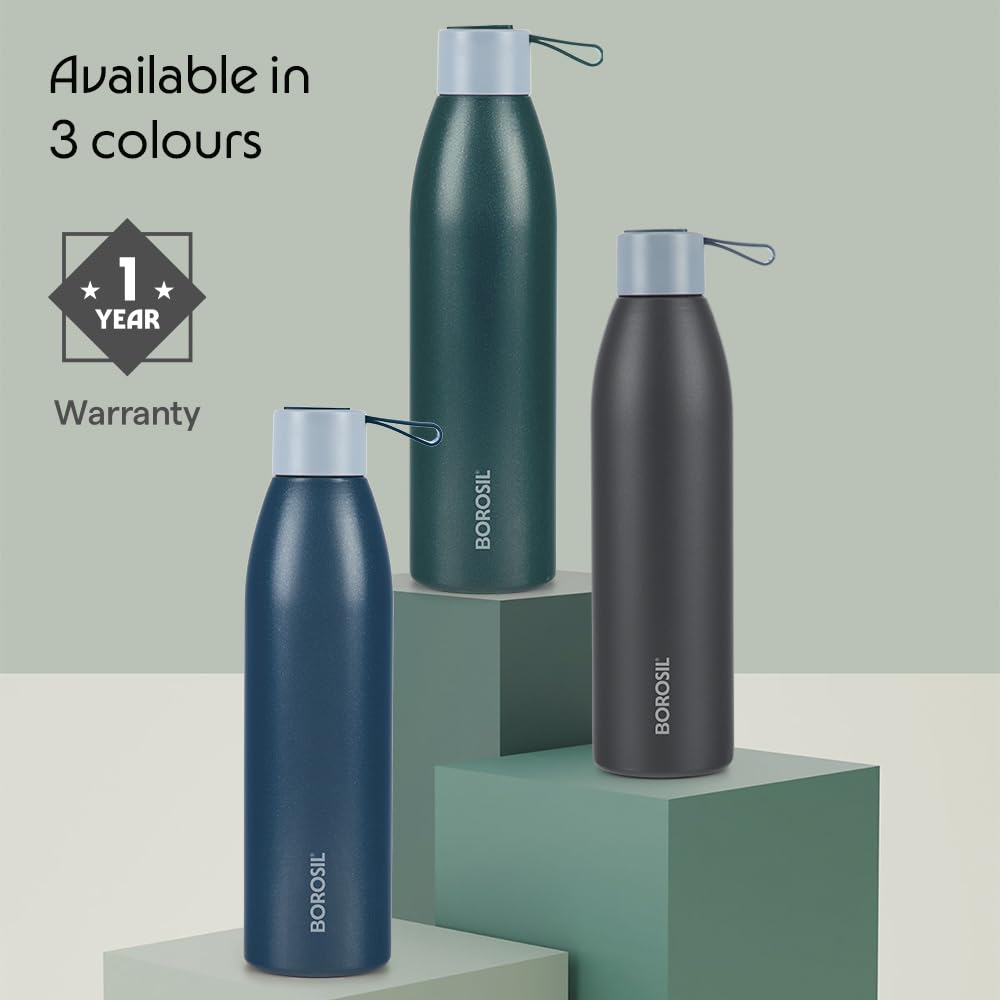 Borosil Hydra 750ml Duomate Blue Stainless Steel Bottle | 24 Hours Hot and Cold Double Wall Vacuum Insulated with Copper Coating | 1 Year Warranty