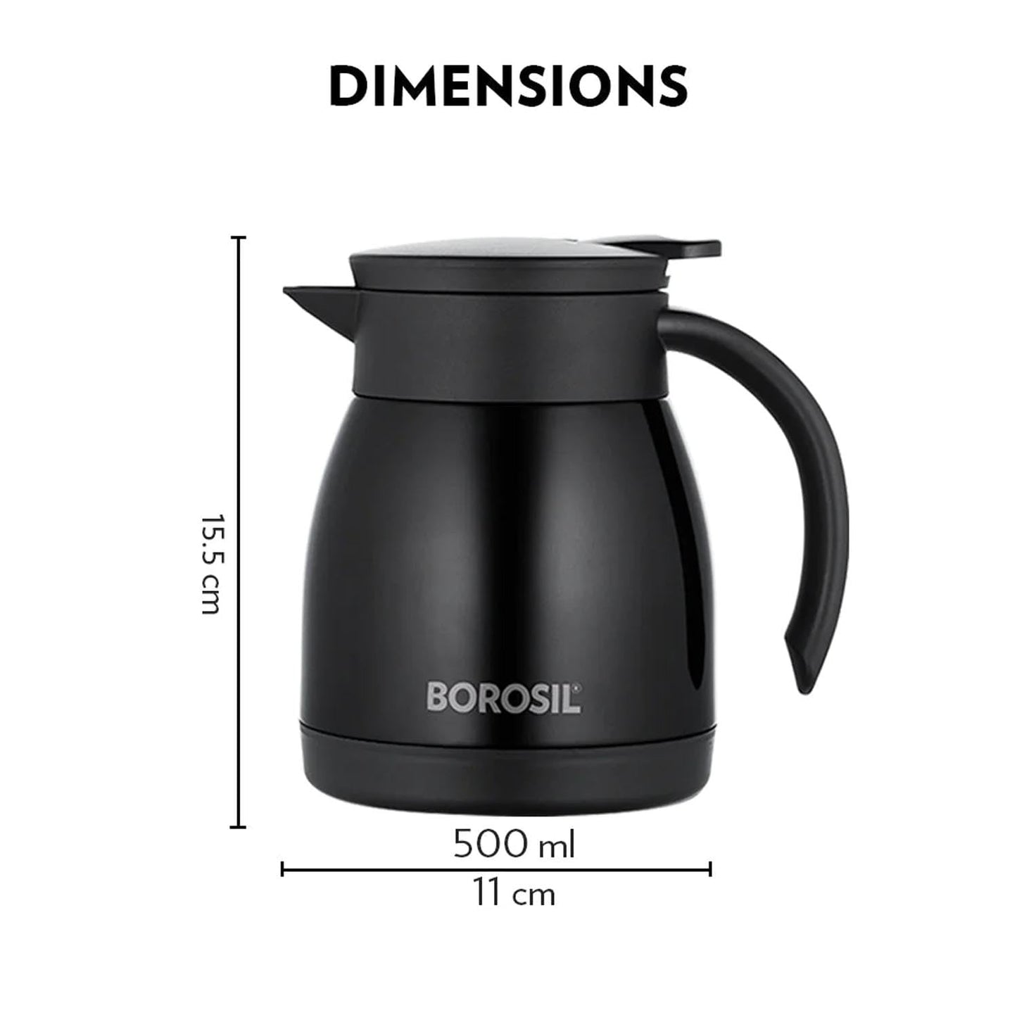 Borosil Stainless Steel 500ml Teapot with Handle | Double Wall Vacuum Insulated Thermosteel Carafe | BPA Free Jug for Tea/Coffee & Juice | 12 Hours Hot & 14 Hours Cold | 1 Year Warranty, Black