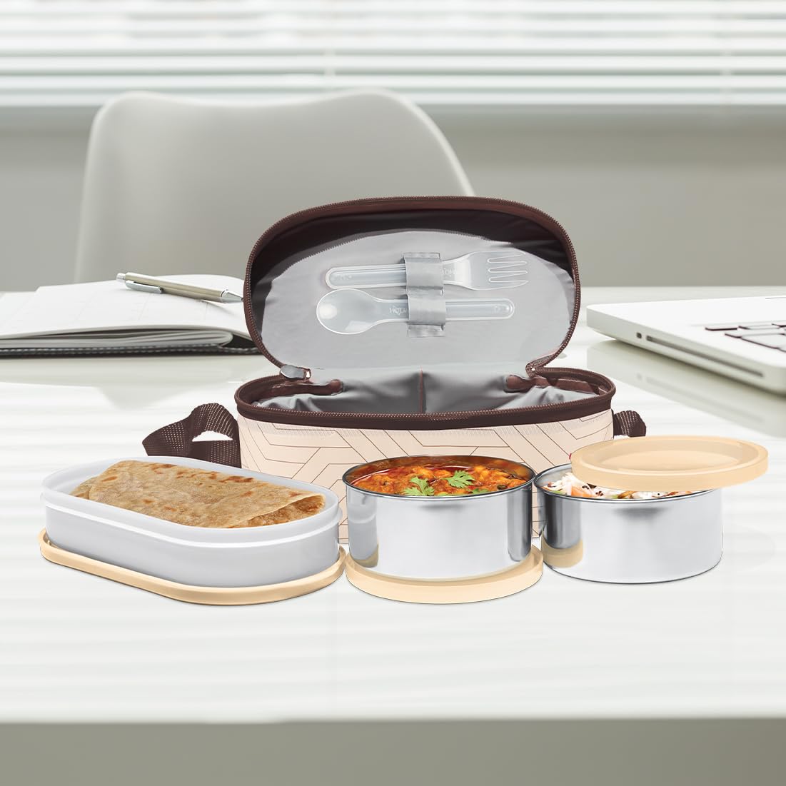 MILTON Stainless Steel Executive Lunch Insulated Tiffin, 2 Round Containers, 280 Ml Each, 1 Oval Container, 450 Ml, Beige