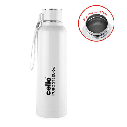 CELLO Puro Steel-X Benz 900 | Leak Proof| Wide Mouth & Easy to Open | Insulated Inner Steel Water Bottle | 730ml | White