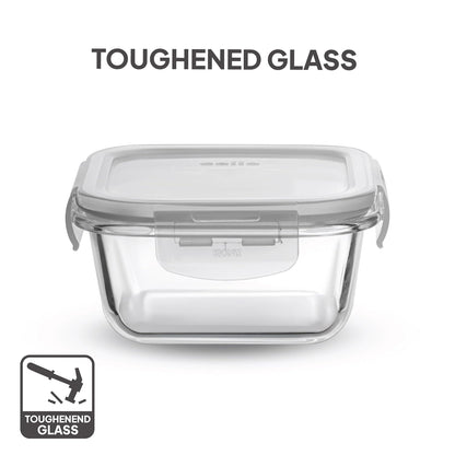CELLO Glassy Square Lunch Box Set of 2 (320 ml x 2), Clear | Microwavable Toughened Glass | Leak Proof Design | Tiffin for Office/School/College