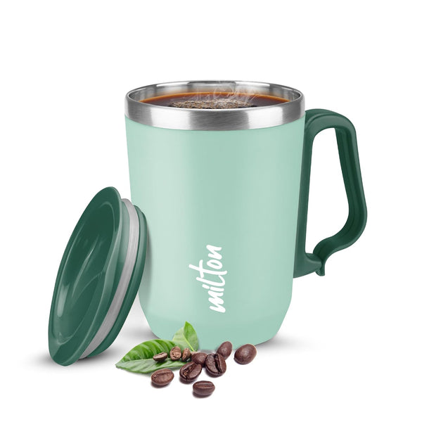 MILTON Cool Touch Coastal Coffee Mug 350 Double Walled 300 ml Inner Stainless Steel Tea Mug and Lid, Coffee Mug Travel Tea Cup, Black Coffee, Single