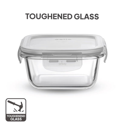 CELLO Glassy Square Lunch Box Set of 2 (320 ml x 2), Clear | Microwavable Toughened Glass | Leak Proof Design | Tiffin for Office/School/College