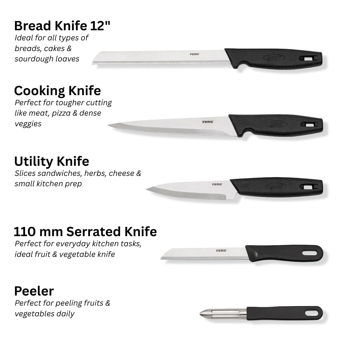 Rena Germany 5-Piece Kitchen Knife Set – Stainless Steel with Vegetable Peeler