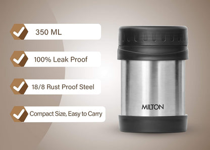 Milton Soup Flask Deluxe 350 Thermosteel I 100% Leak Proof I Premium SS304 Stainless Steel I Vacuum Insulated I Thermos for Soup, Tea, Coffee, 340 ml, Silver