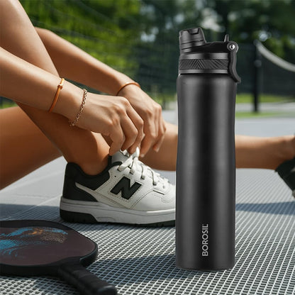 Borosil 800ml Duosport Stainless Steel Bottle with Straw & Sipper Lid | 14 Hrs Hot & 18 Hrs Cold Made in India Double Wall Vacuum Flask | Office, School, Gym & Travel | 1 Year Warranty