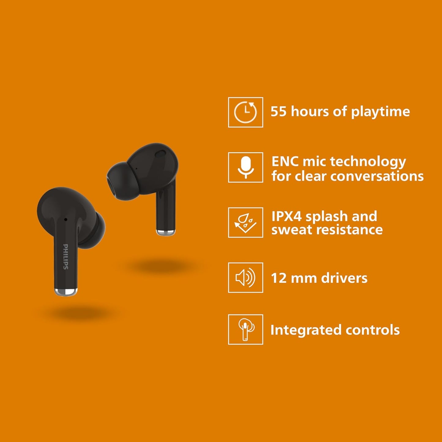 PHILIPS Audio TAT1169BK/94 True Wireless in Ear Earbuds with Pocket Sized Charging Case, Play Time Upto 55Hrs, 12mm Dynamic Drivers, Inbuilt Mic, IPX4 Splash & Sweat Resistant (Black)