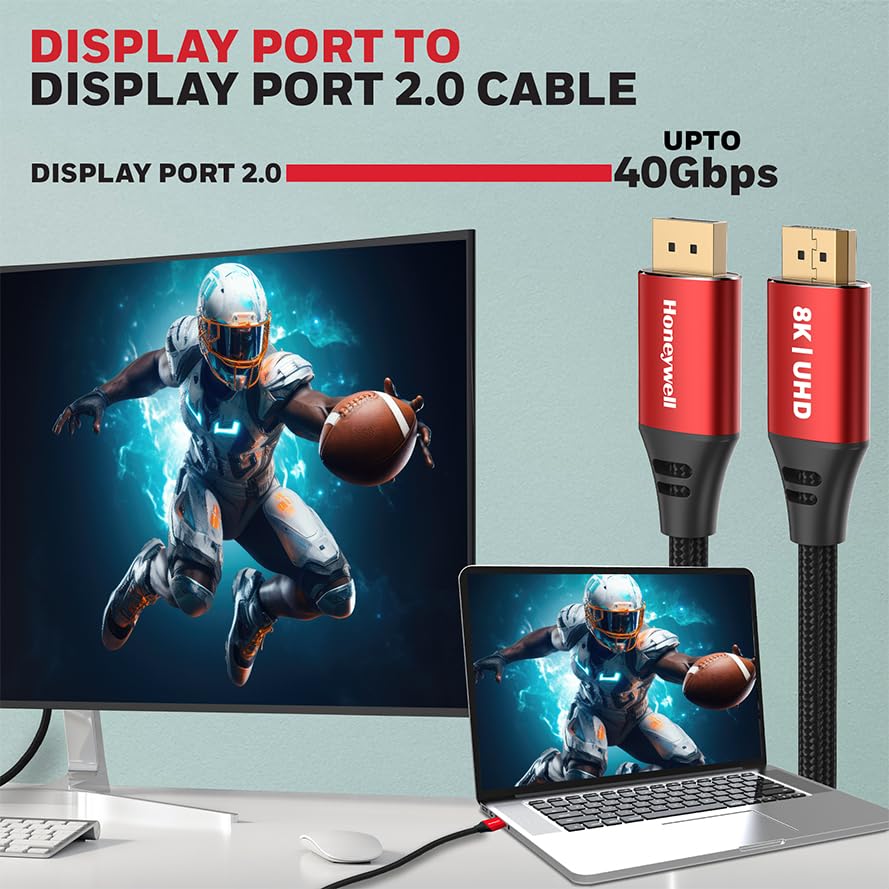 Honeywell DisplayPort to DisplayPort 2.0 Cable – 8K@60Hz UHD, 40Gbps, 2 Meter, Male to Male (TV, Laptop, Monitor, Projector)