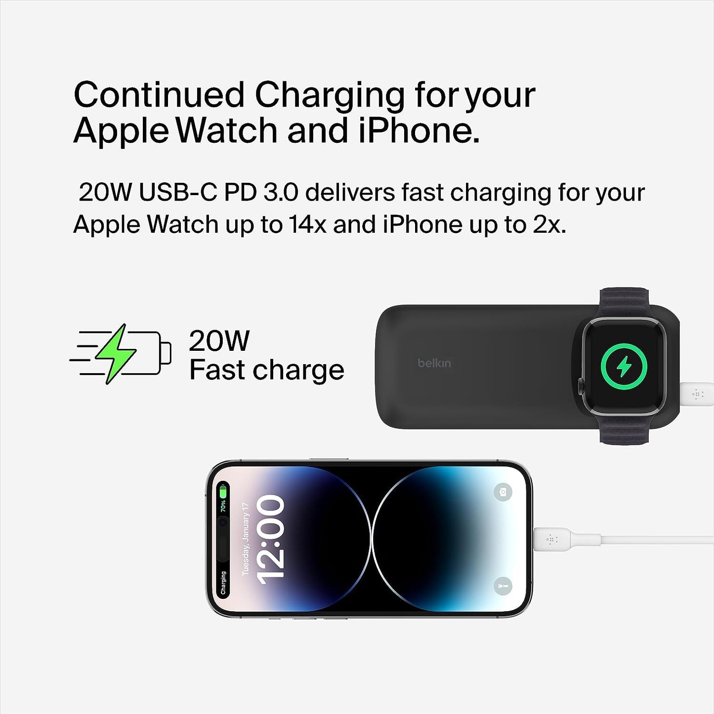 Belkin 10000 mAh Power Bank with 7.5W Fast Wireless Apple Watch & AirPods Pro (2nd Generation) Charger, 20W USB-C PD Port - Black