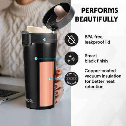 Borosil Coffeemate 380 ml Stainless Steel Vacuum-Insulated Travel Flask, Black