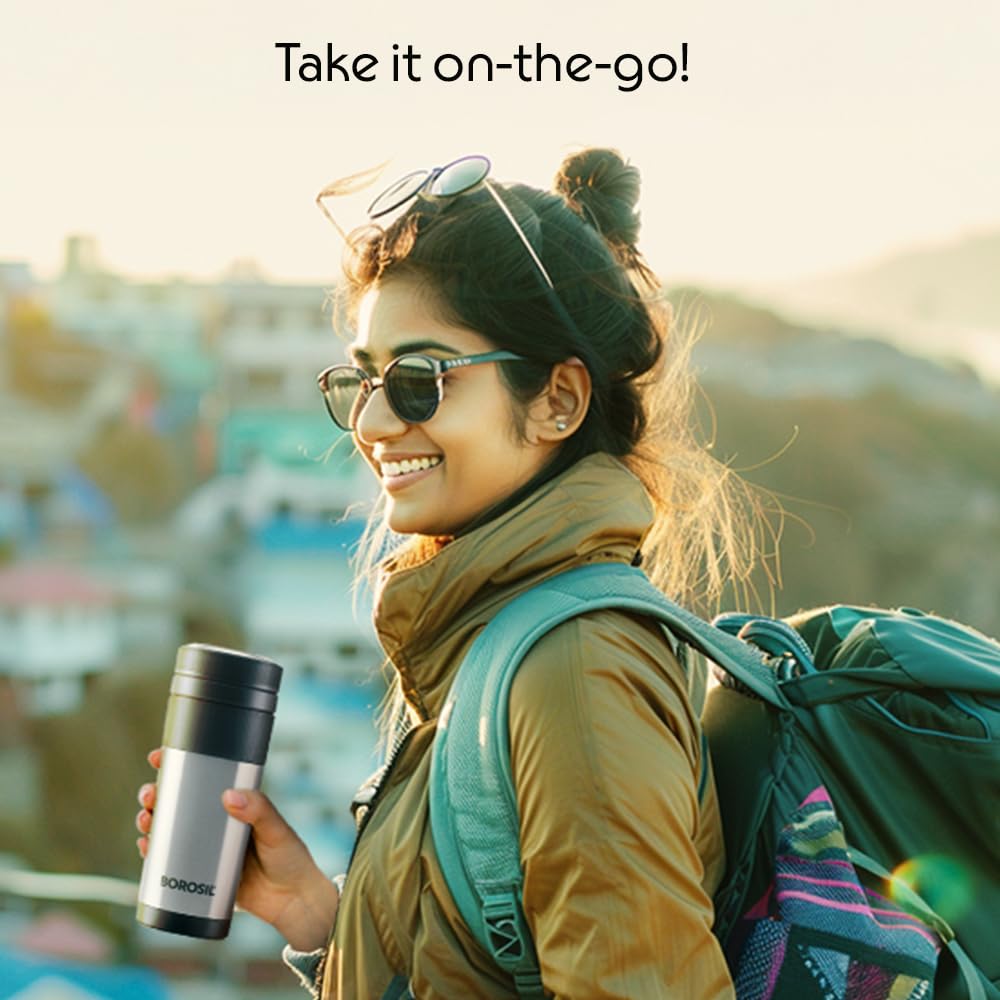 Borosil 350ml Hydra Travelmate Stainless Steel Travel Mug | 8 Hours Hot & 14 Hours Cold | Double Wall Vacuum Insulated | Tea & Coffee Spill Proof Flask for Office, School & College