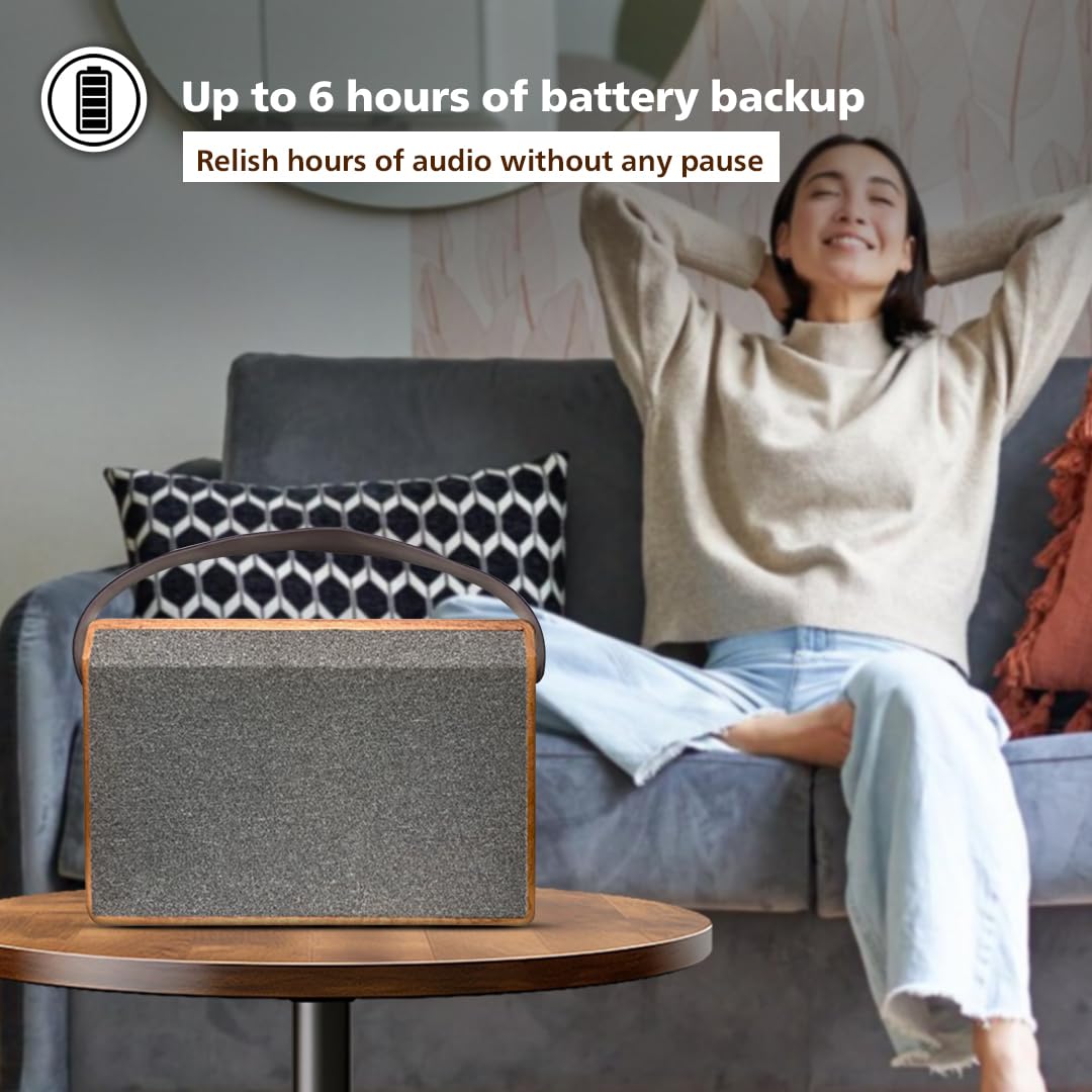 Philips Bluetooth Speaker TAS2228/94, 20W RMS with 6 Hrs Playtime, Retro Wooden Design, Indoor and Outdoor Mode, USB Playback, FM, Mic Input, Comes with Carry Strap (Brown)