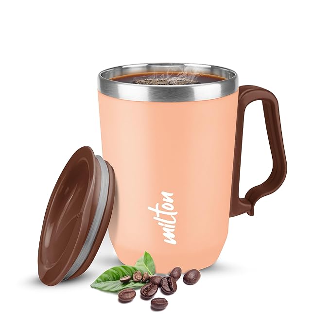 MILTON Cool Touch Coastal 350 Stainless Steel Mug with Lid, 300 ml, Peach, Wide Mouth for Easy Cleaning, Sturdy Handle, Hot and Cold Beverages, Flap Lid, Microwave Safe, Light Weight, BPA Free