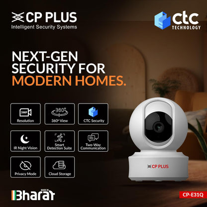 CP PLUS 3MP Resolution Smart Wi-fi CCTV Home Security Camera | 360° View | Motion Tracking | 2-Way Talk | Cloud & SD Card Support | CTC Cyber Secure Tech | 15M Night Vision | CP-E31Q