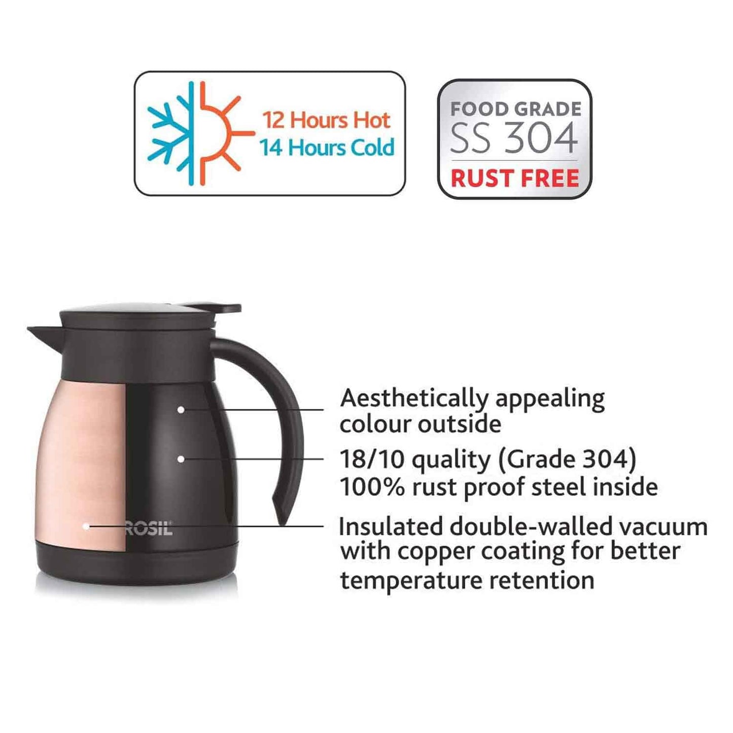 Borosil Stainless Steel 500ml Teapot with Handle | Double Wall Vacuum Insulated Thermosteel Carafe | BPA Free Jug for Tea/Coffee & Juice | 12 Hours Hot & 14 Hours Cold | 1 Year Warranty, Black