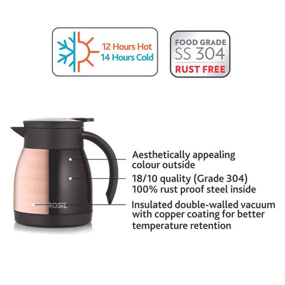 Borosil Stainless Steel 500ml Teapot with Handle | Double Wall Vacuum Insulated Thermosteel Carafe | BPA Free Jug for Tea/Coffee & Juice | 12 Hours Hot & 14 Hours Cold | 1 Year Warranty, Black