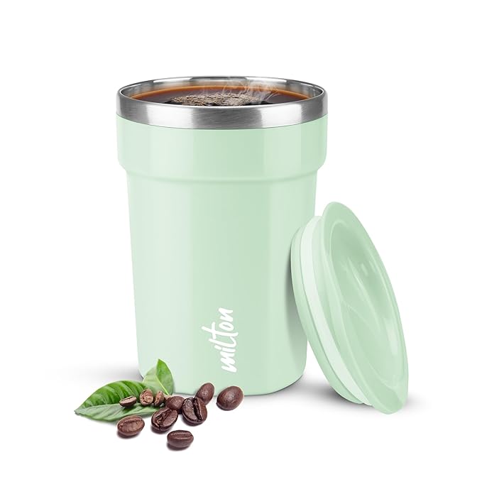 MILTON Cool Touch Deccan Coffee Mug 350 Double Walled 330 ml Inner Stainless Steel Tea Mug with Lid, Coffee Mug Travel Tea Cup, Black Coffee, Tea Cup Single