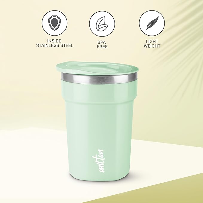 MILTON Cool Touch Deccan Coffee Mug 350 Double Walled 330 ml Inner Stainless Steel Tea Mug with Lid, Coffee Mug Travel Tea Cup, Black Coffee, Tea Cup Single
