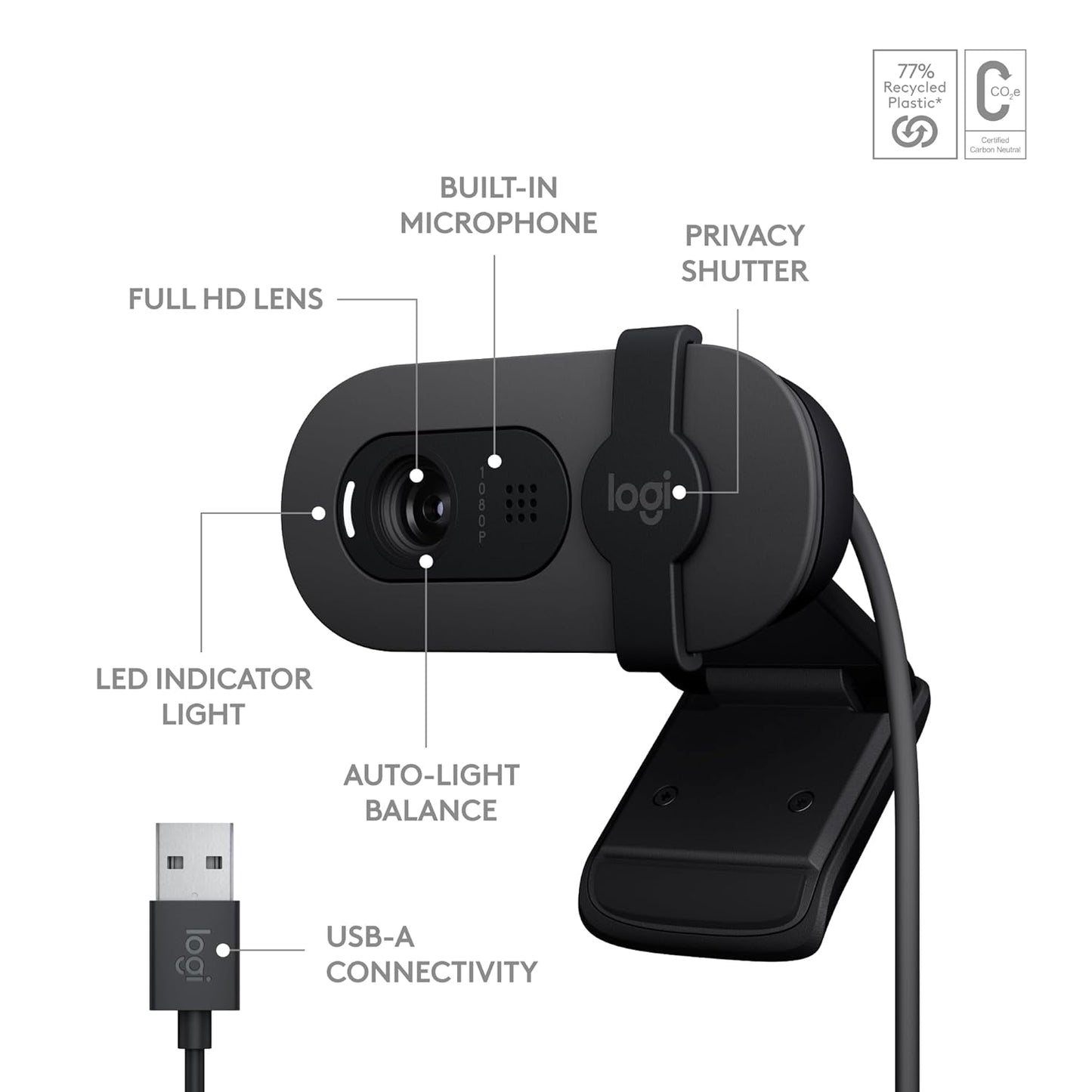 Logitech Brio 100 Full HD Webcam for Meetings and Streaming, Auto-Light Balance, Built-in Mic, Privacy Shutter, USB-A, for Microsoft Teams, Google Meet, Zoom and More- Graphite-Webcam-Logitech-computerspace