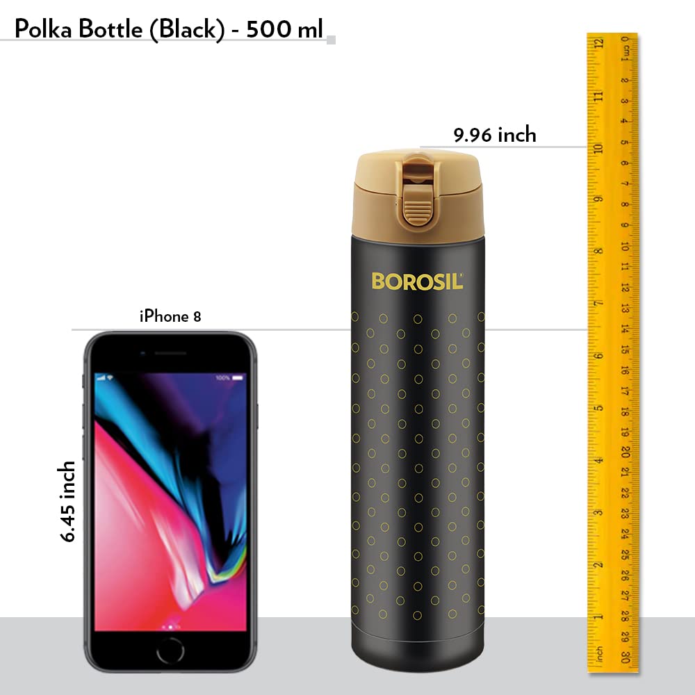 Borosil - Stainless Steel Polka - Vacuum Insulated Flask Flip Top Water Bottle, Black, 350ML