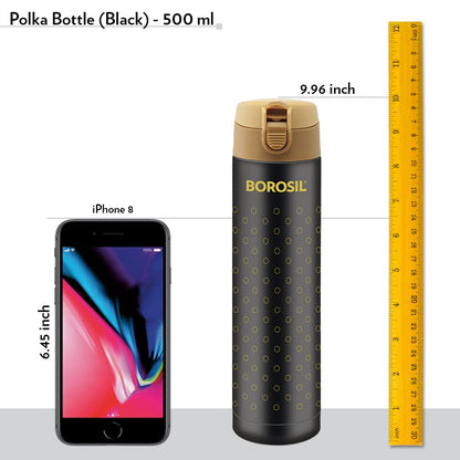 Borosil - Stainless Steel Polka - Vacuum Insulated Flask Flip Top Water Bottle, Black, 350ML