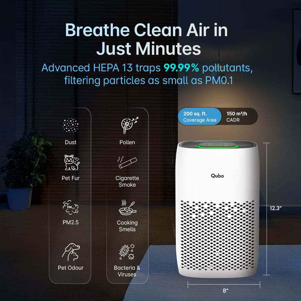 Qubo Smart Air Purifier Q400 for Home by Hero Group | 400 Sqft | 99.99% Allergen Removal |4-Layer True HEPA H13 Filter | 9000 Hrs Filter Life | App & Voice Control | Quiet Night Mode | BLDC Motor