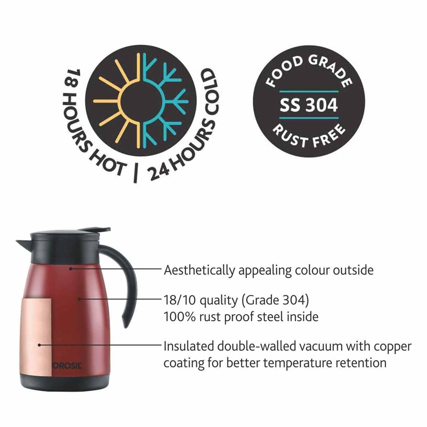 Borosil Stainless Steel 500ml Teapot with Handle | Double Wall Vacuum Insulated Thermosteel Carafe | BPA Free Jug for Tea/Coffee & Juice | 12 Hours Hot & 14 Hours Cold | 1 Year Warranty, Black