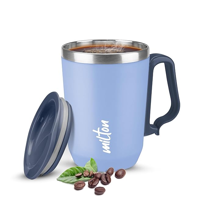 MILTON Cool Touch Coastal 350 Stainless Steel Mug with Lid, 300 ml, Peach, Wide Mouth for Easy Cleaning, Sturdy Handle, Hot and Cold Beverages, Flap Lid, Microwave Safe, Light Weight, BPA Free