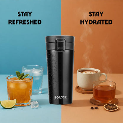 Borosil Coffeemate 380 ml Stainless Steel Vacuum-Insulated Travel Flask, Black
