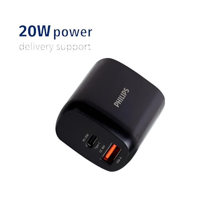 PHILIPS Wall Charger, India Plug, USB-A And Type -C Dual Port Black, PD 20W / QC 18W - DLP4326C/94