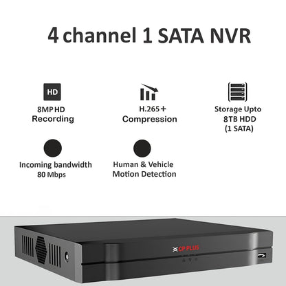 CP Plus 4Ch. Network Video Recorder, Max 80Mbps Network Bandwidth, Instastream/H.265/Smart H.264+, Up to 8MP Resolution, Support 1 SATA HDDs up to 8TB, 2 USB Ports(USB2.0) [CP-UNR-104F1]