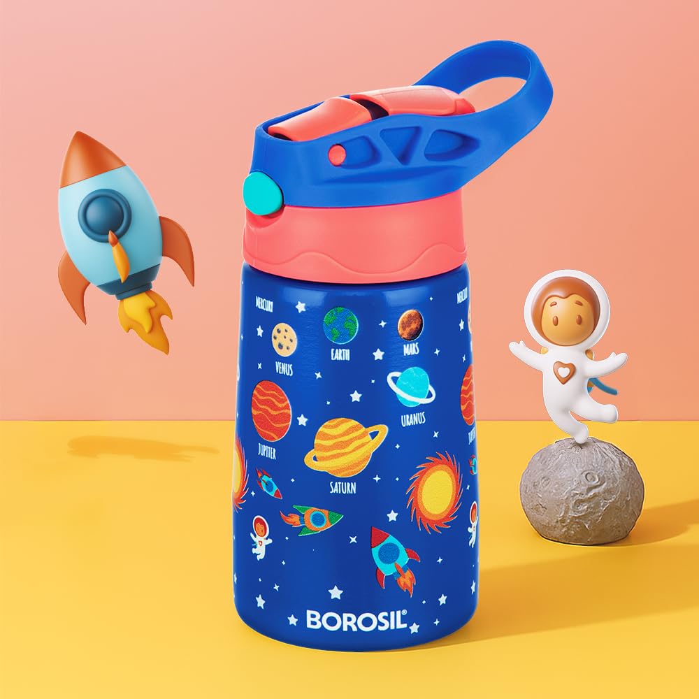 Borosil Space Kids Stainless Steel Water Bottle 330ml | Insulated School Sipper Bottle with Straw | Hot & Cold | Leakproof | ISI Certified