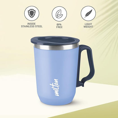 MILTON Cool Touch Coastal 350 Stainless Steel Mug with Lid, 300 ml, Peach, Wide Mouth for Easy Cleaning, Sturdy Handle, Hot and Cold Beverages, Flap Lid, Microwave Safe, Light Weight, BPA Free