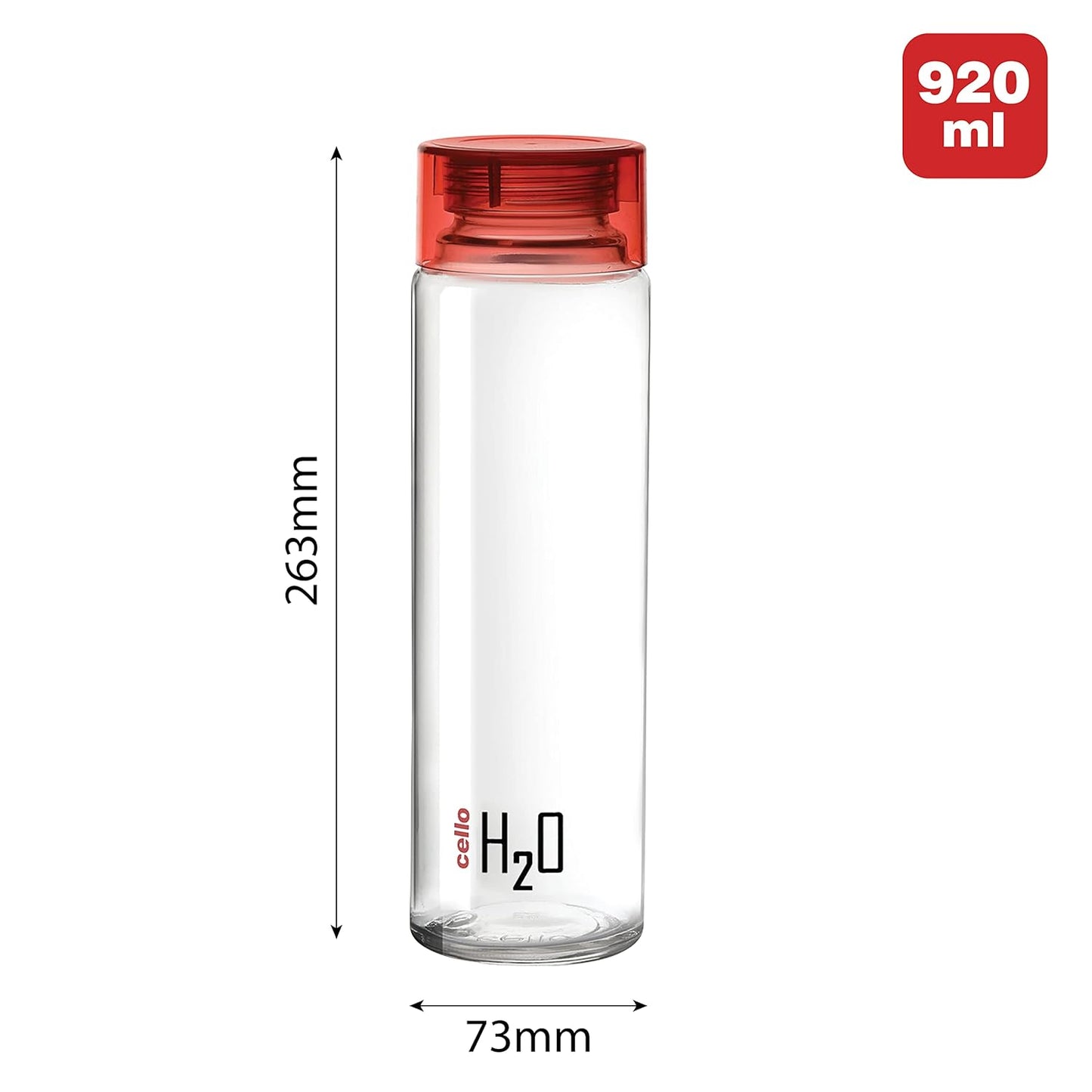 Cello H2O Glass Fridge Water Bottle with Plastic Cap | Leak Proof & Break-Proof | Wide Mouth & Easy to Clean | Best Usage for Office/School/College | 920ml | Red