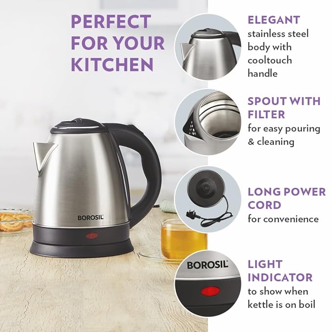 Borosil Stainless Steel 1350W Electric Kettle (1.5L) | Classic Design with Auto Shut-Off, Dry Boil Protection, and 360° Swivel Base for Hot Water, Tea, Coffee and Soup | 1 Year Warranty