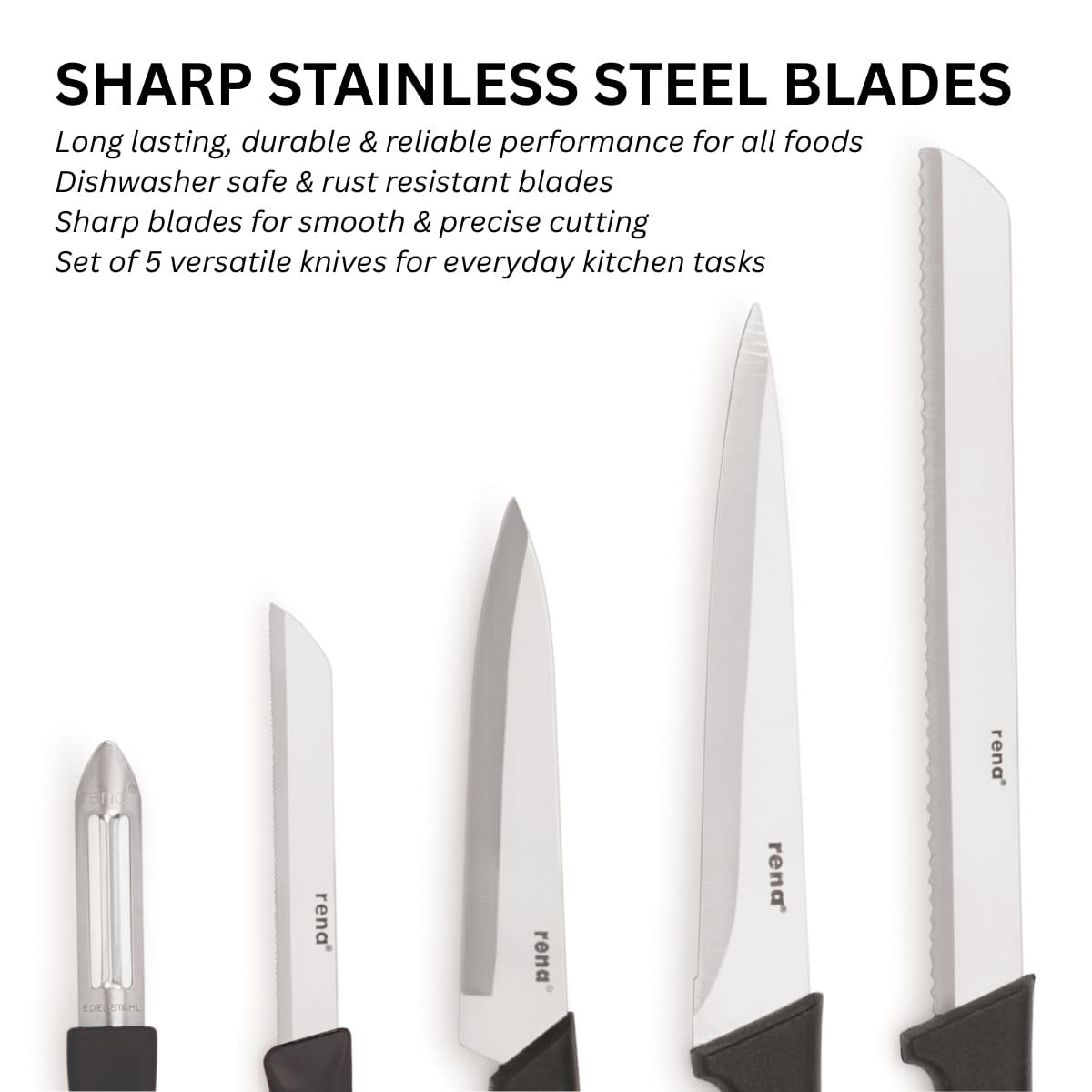 Rena Germany 5-Piece Kitchen Knife Set – Stainless Steel with Vegetable Peeler