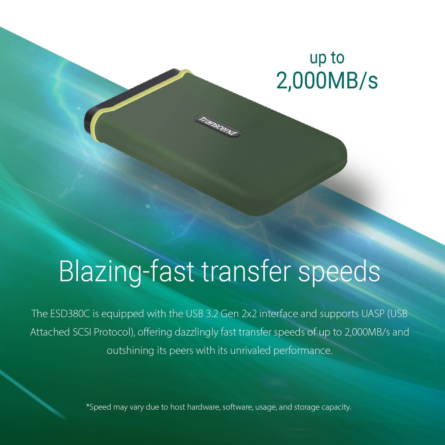 Transcend 380C Portable SSD - Up to 2,000 MB/s - USB 3.2 Gen 2x2, USB Type C to A/C - External SSD, Military Green