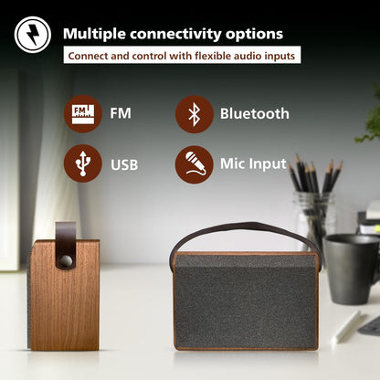 Philips Bluetooth Speaker TAS2228/94, 20W RMS with 6 Hrs Playtime, Retro Wooden Design, Indoor and Outdoor Mode, USB Playback, FM, Mic Input, Comes with Carry Strap (Brown)