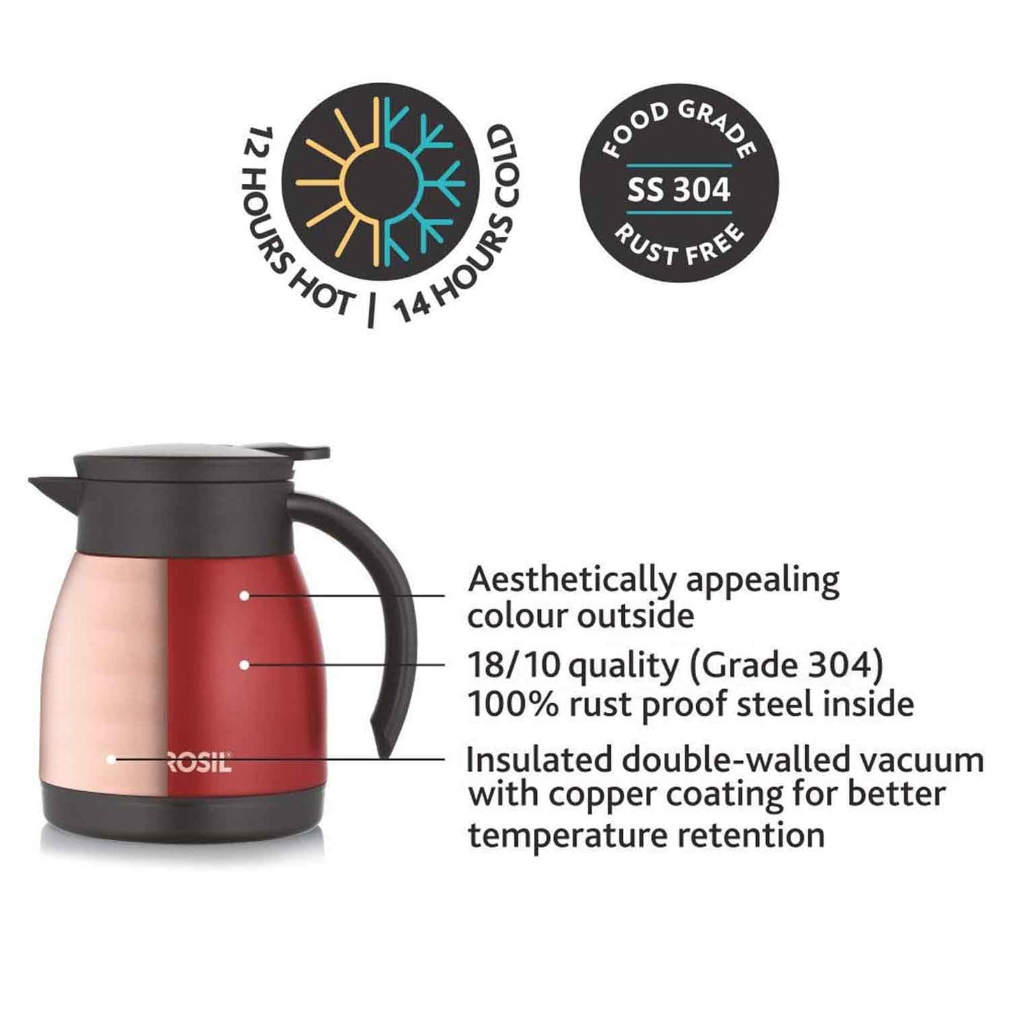 Borosil Stainless Steel 500ml Teapot with Handle | Double Wall Vacuum Insulated Thermosteel Carafe | BPA Free Jug for Tea/Coffee & Juice | 12 Hours Hot & 14 Hours Cold | 1 Year Warranty, Black