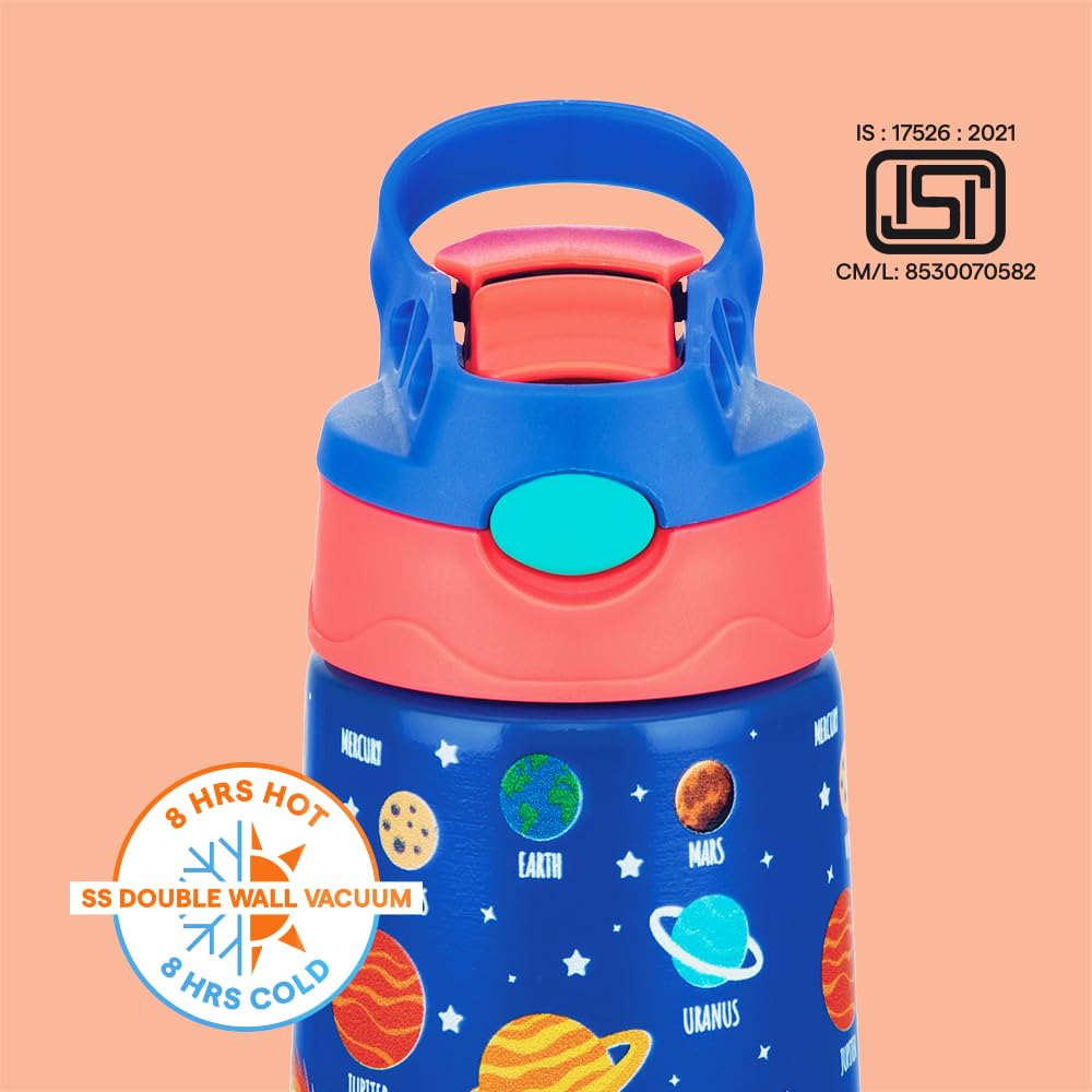 Borosil Space Kids Stainless Steel Water Bottle 330ml | Insulated School Sipper Bottle with Straw | Hot & Cold | Leakproof | ISI Certified
