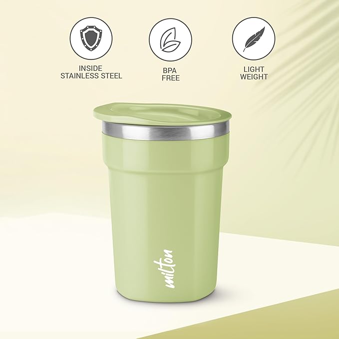 MILTON Cool Touch Deccan Coffee Mug 350 Double Walled 330 ml Inner Stainless Steel Tea Mug with Lid, Coffee Mug Travel Tea Cup, Black Coffee, Tea Cup Single