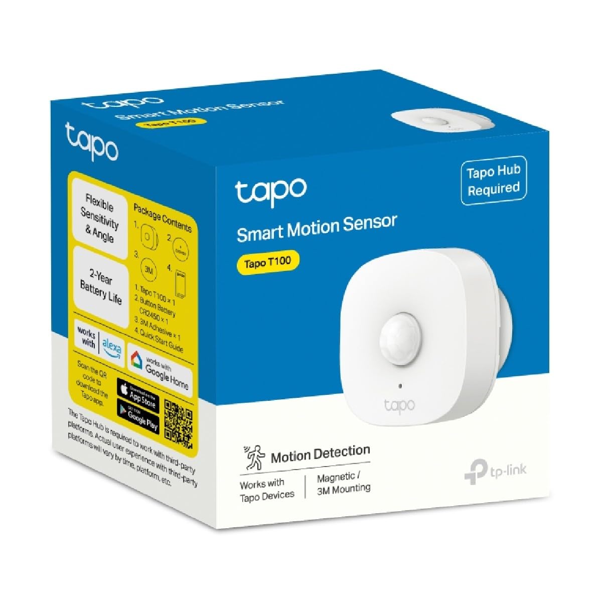 TP-Link Tapo T100 120° PIR Smart Motion Sensor with Motion-Activated Light, Energy Saving, Battery-Powered, Real-Time Notifications, Device Sharing