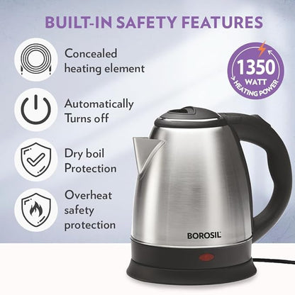 Borosil Stainless Steel 1350W Electric Kettle (1.5L) | Classic Design with Auto Shut-Off, Dry Boil Protection, and 360° Swivel Base for Hot Water, Tea, Coffee and Soup | 1 Year Warranty