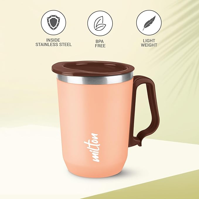 MILTON Cool Touch Coastal 350 Stainless Steel Mug with Lid, 300 ml, Peach, Wide Mouth for Easy Cleaning, Sturdy Handle, Hot and Cold Beverages, Flap Lid, Microwave Safe, Light Weight, BPA Free