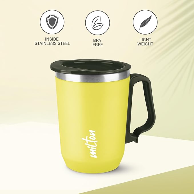 MILTON Cool Touch Coastal 350 Stainless Steel Mug with Lid, 300 ml, Peach, Wide Mouth for Easy Cleaning, Sturdy Handle, Hot and Cold Beverages, Flap Lid, Microwave Safe, Light Weight, BPA Free