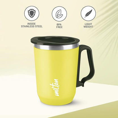 MILTON Cool Touch Coastal 350 Stainless Steel Mug with Lid, 300 ml, Peach, Wide Mouth for Easy Cleaning, Sturdy Handle, Hot and Cold Beverages, Flap Lid, Microwave Safe, Light Weight, BPA Free