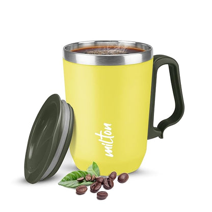 MILTON Cool Touch Coastal 350 Stainless Steel Mug with Lid, 300 ml, Peach, Wide Mouth for Easy Cleaning, Sturdy Handle, Hot and Cold Beverages, Flap Lid, Microwave Safe, Light Weight, BPA Free