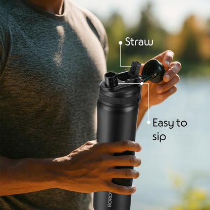 Borosil 800ml Duosport Stainless Steel Bottle with Straw & Sipper Lid | 14 Hrs Hot & 18 Hrs Cold Made in India Double Wall Vacuum Flask | Office, School, Gym & Travel | 1 Year Warranty