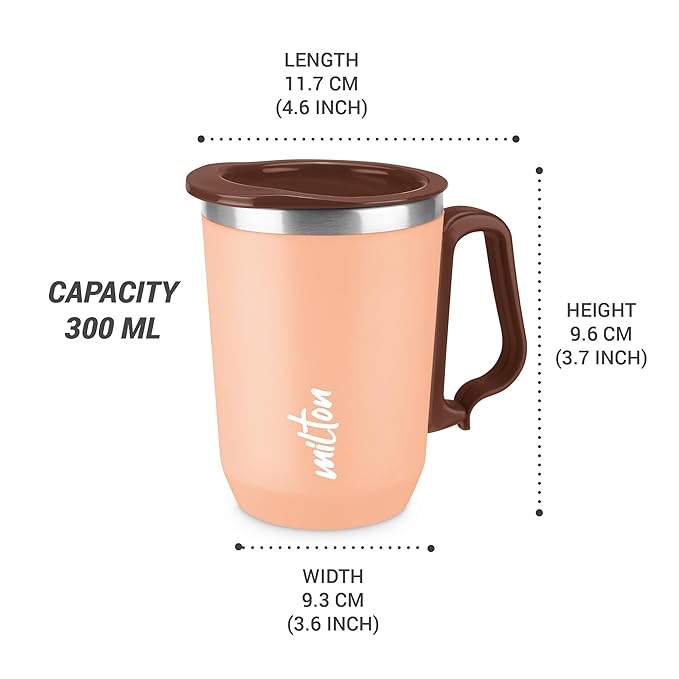 MILTON Cool Touch Coastal 350 Stainless Steel Mug with Lid, 300 ml, Peach, Wide Mouth for Easy Cleaning, Sturdy Handle, Hot and Cold Beverages, Flap Lid, Microwave Safe, Light Weight, BPA Free